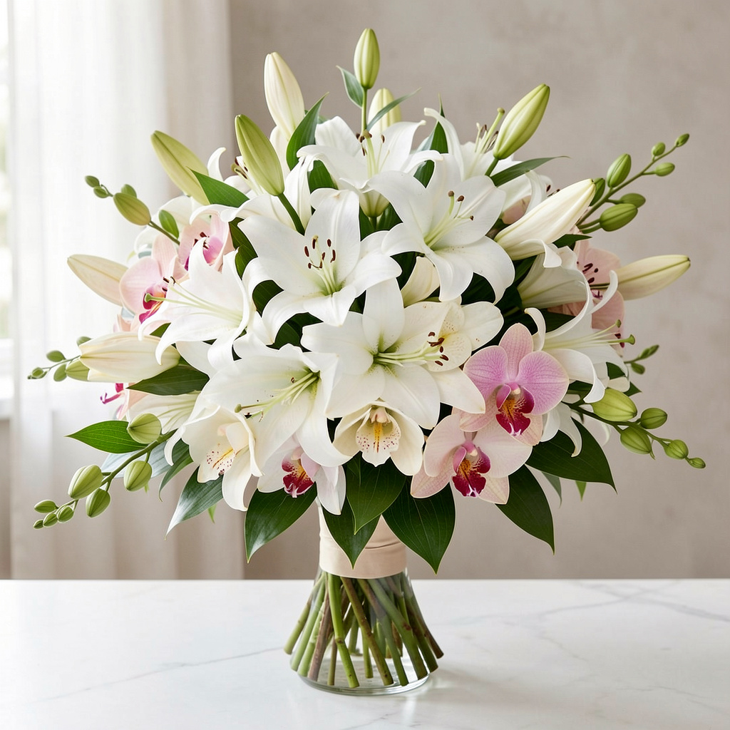 Elegant bukett med hvite liljer og orkideer