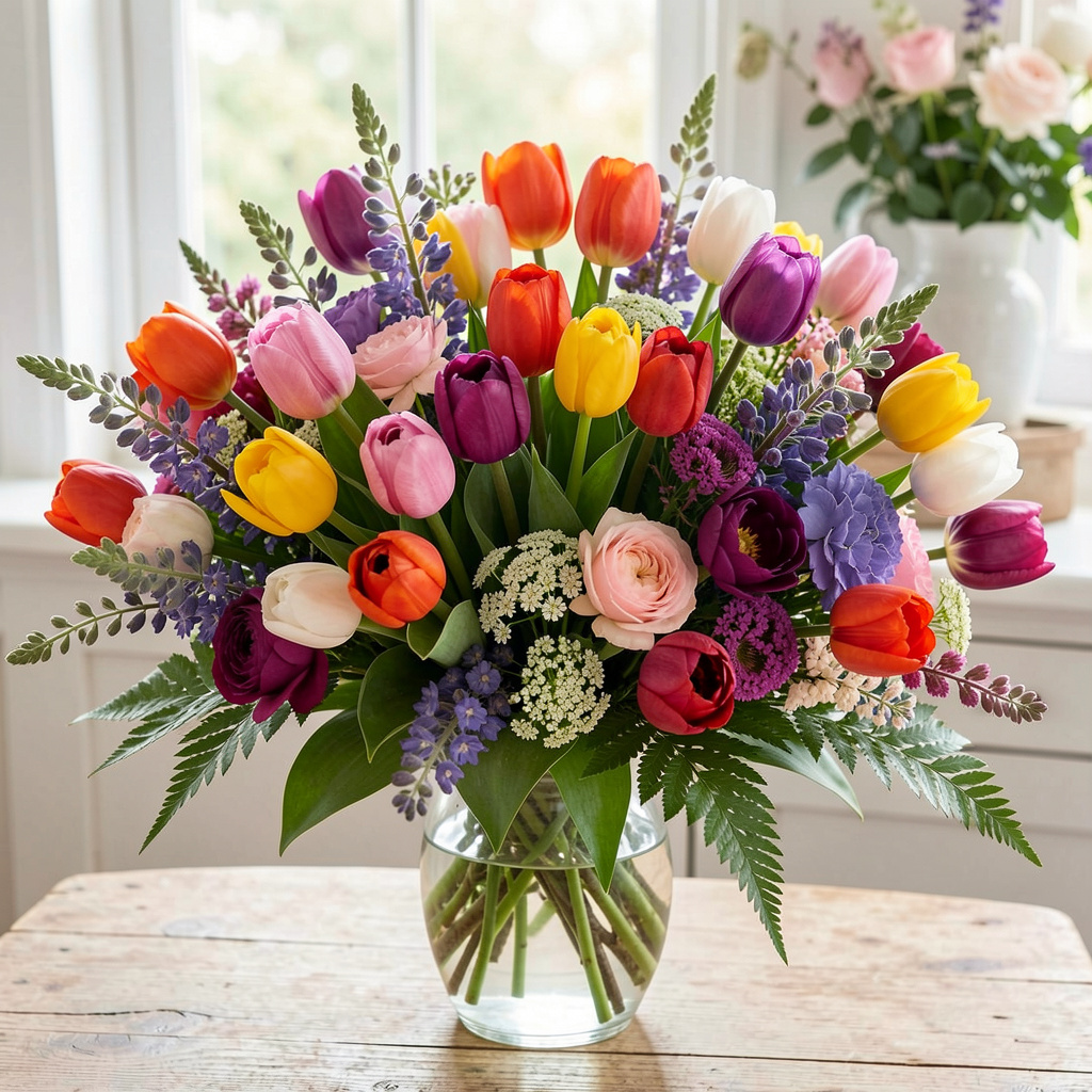 Fargerik sesongbukett med tulipaner og ranunkler